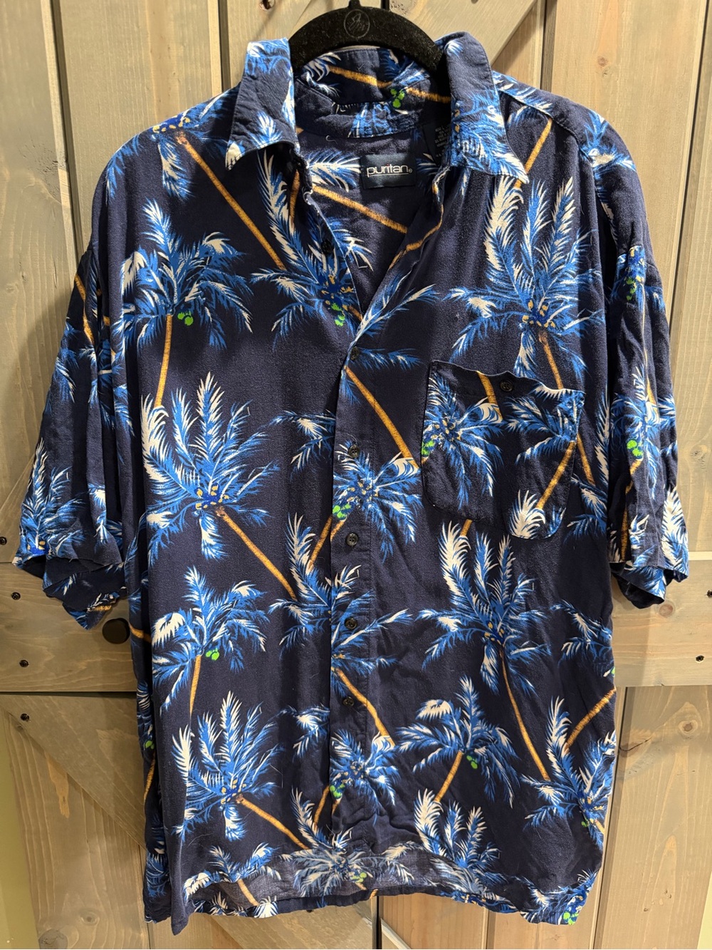 Puritan Blue Palm Tree Hawaiian Camp Shirt Men’s Large Rayon